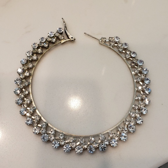 ☮ Silvertone and Crystal Hoop Earrings - Picture 2 of 3